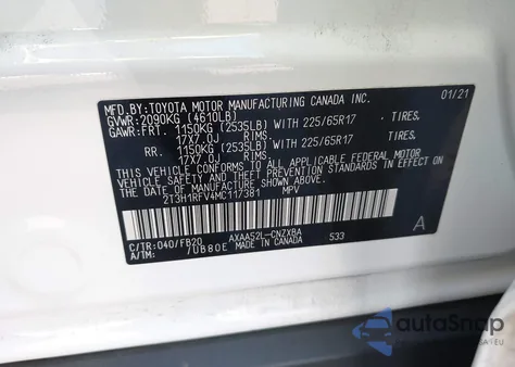 2021 Toyota Rav4 Le z USA, uszkodzony, nr VIN 2T3H1RFV4MC117381